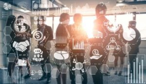 image of workers discussing out of focus in the background with white interface on top