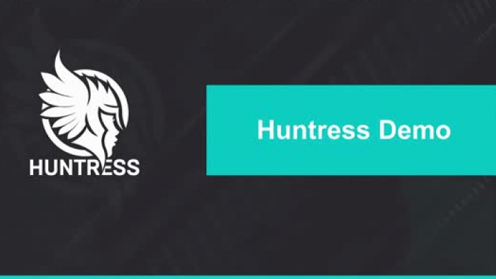 a logo of huntress in white with black background and text of huntress demo in white with a green background
