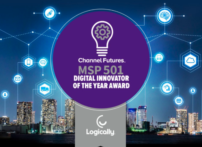 logo of digital innovator of the year award received by logically with a logo of logically in white at the bottom