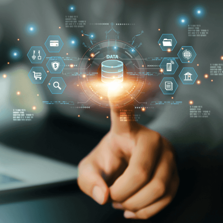 Index finger touching a data icon on the screen