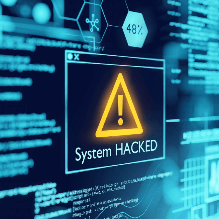 Danger icon with code in the background reflecting a system that has been hacked