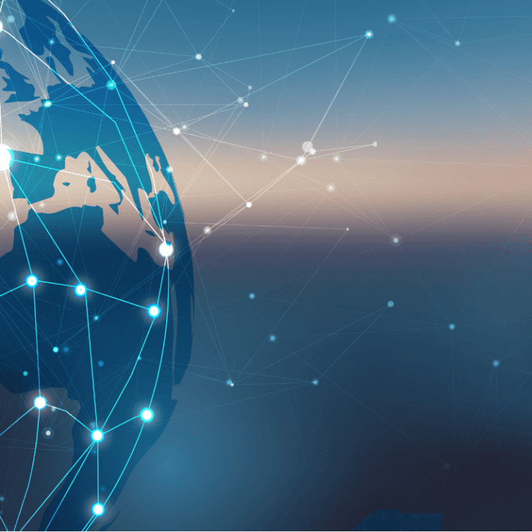 Vector or plant Earth connected by lighted up points in different locations with view to outerspace