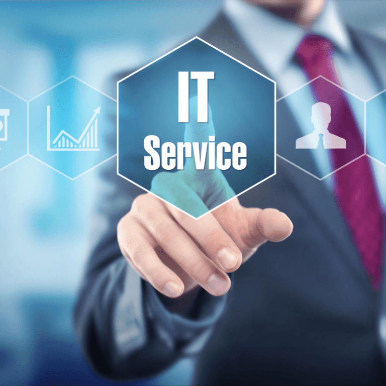 Man wearing a business suit using this index finger to point out an IT Service icon on the screen